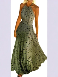 Grey green polka dot halter pleated maxi dress with elegant chiffon material for women