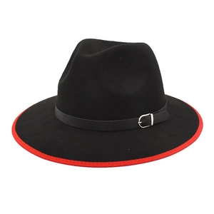Classic black wool fedora with red trimmed brim and leather band with silver buckle