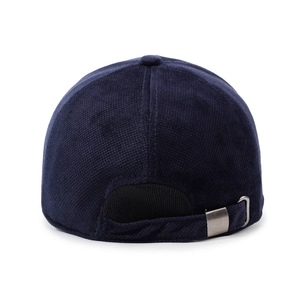 Navy blue corduroy baseball cap with adjustable metal buckle back view on white background