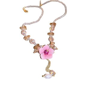 Floral crystal necklace with pink flower pendant and artificial pearl teardrop charm