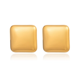Close-up of square polished 18K gold earrings with smooth reflective metal surface