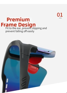 Detail of matte black cycling glasses temples with red nose pads and blue lenses