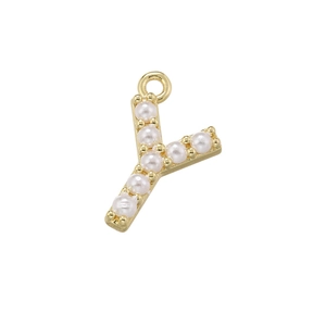 Detailed view of 18K gold plated letter Y pendant with small white pearls on white background