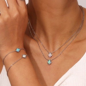 Stainless steel layered opal necklace and bracelet set with teardrop pendant for women