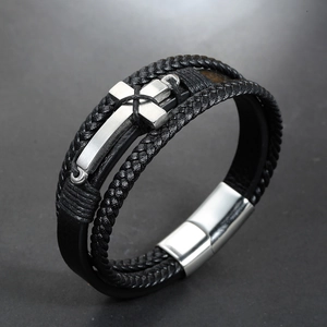 Retro multi-layer black braided leather bracelet with silver cross and magnetic buckle