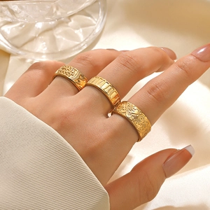 Stainless Steel Wide Band Open Ring Evil Eye Geometric Retro Engraved Hip Hop Style Fashion For Women Gold Silver