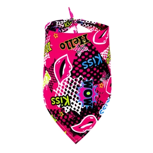 Detail of pink summer fruit dog bandana featuring trendy pop art patterns and text