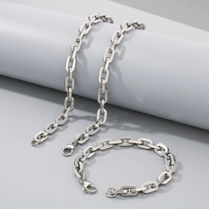 Minimalist silver titanium steel square link chain necklace and bracelet jewelry set