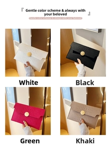 Detail of crocodile embossed envelope clutch bag with gold round buckle in various colors