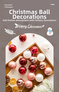 Detail shot of multi-colored glossy Christmas balls with pine cones on wooden tray