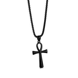 Minimalist black stainless steel Ankh cross necklace with box chain for men and women