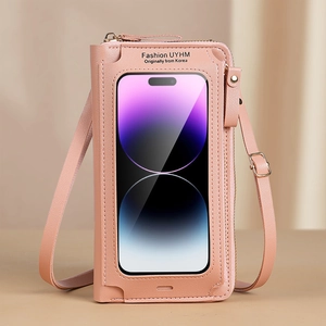 Sac bandoulière rose pour téléphone avec écran tactile et fenêtre transparente