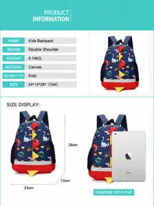 Spécifications de taille et infographie pour le sac à dos enfant avec motif de dinosaure