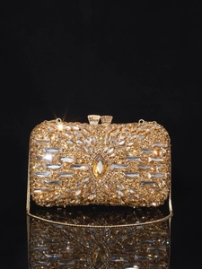 Luxury gold champagne bottle evening clutch bag with sparkling rhinestones and chain