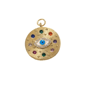 Golden round Evil Eye pendant with colorful zircon stones and delicate gold-plated finish