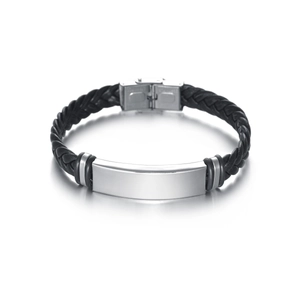 Minimalist braided black leather bracelet with polished stainless steel ID tag and clasp