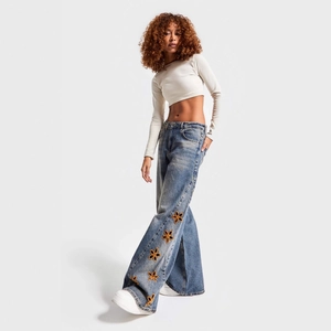Women High Waisted Wide Leg Jeans Washed Blue Denim Cotton Floral Cutout Embroidery Vintage Casual