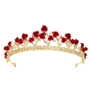 Elegant red rose bridal crown with gold metal filigree and sparkling white rhinestones