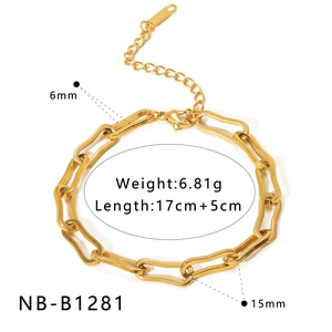 Detail view of 18K gold-plated oval link bracelet with dimensions and 6.81g weight