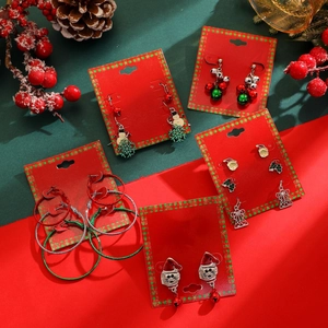 Detailed set of Christmas earrings featuring snowman, bells, and trees on red card