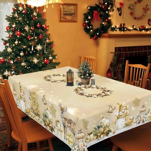 Christmas tablecloth detail with deer and snowman pattern in a festive living room
