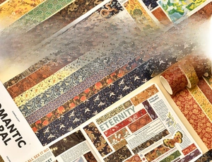 Detailed view of vintage washi tape rolls featuring landscape and floral patterns