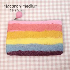 Detail of wool felt macaron rainbow coin purse with zipper and size 13x20cm dimensions