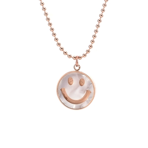 Collier sourire en acier titane avec pendentif nacre blanche sur chaîne à billes or rose