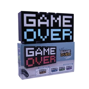 8-bit pixelated GAME OVER light featuring sound reactive mode and retail packaging box