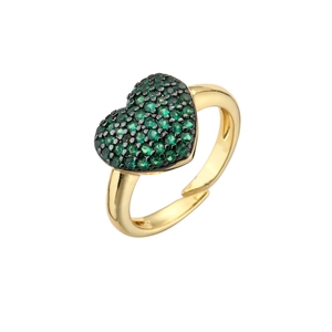 Detailed view of an open golden ring featuring a green micro-pave heart-shaped stone