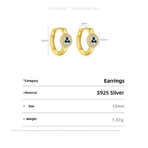 Detail view of gold-plated S925 silver earrings with blue stones and size specifications