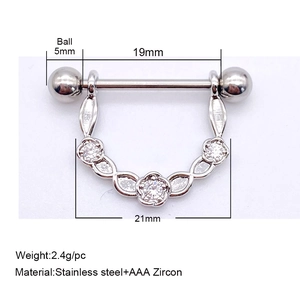 Macro shot of stainless steel nipple shield with AAA zircon stones and size specifications