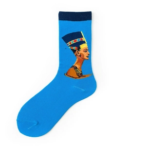 Detailed knit of sky blue socks featuring a Nefertiti artistic portrait design