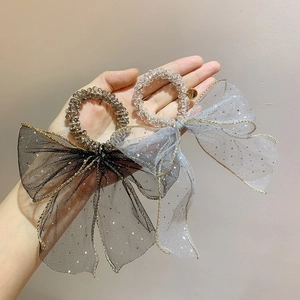 Tulle Mesh Bow Hair Tie With Crystal Beads Sequin Gold Edge Elastic Hairband Fairy Style Ponytail Holder For Women