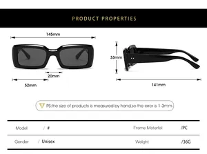 Detailed dimension chart showing frame size and specs of rectangular PC sunglasses