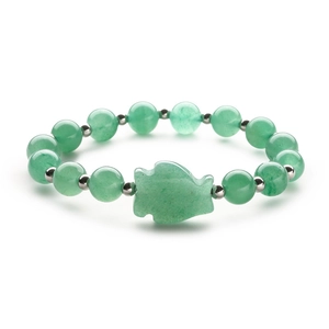 Natural green aventurine beaded bracelet with a stone fish pendant and silver accents