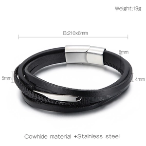 Detail showing dimensions of multilayer black braided cowhide and stainless steel bracelet