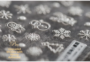 Detailed macro view of 5D embossed Christmas nail stickers with snowflake and reindeer motifs