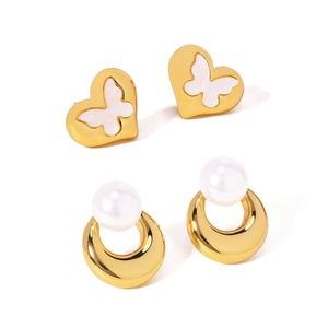 Gold heart butterfly studs and C-shaped pearl earrings set in stainless steel
