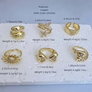 Adjustable 18K gold plated copper rings with butterfly and heart zircon designs