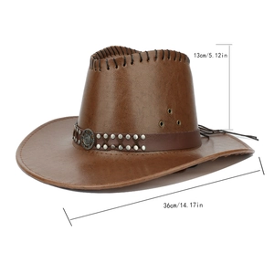 Maßangaben für braunen Cowboyhut mit 13cm Höhe und einer breiten Krempe von 36cm Länge