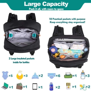 Detail showing 18 functional pockets and 2 insulated bottle holders in black diaper backpack