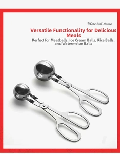 Macro detail of stainless steel meatball maker tool with scissor handles and drainage holes