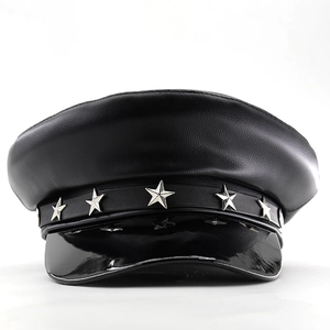 Women's black PU leather baker boy hat with silver star studs and patent leather brim