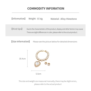 Detailed spec sheet for rhinestone heart necklace and earrings set with measurements