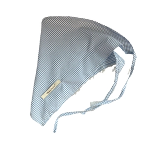 Blue gingham check headscarf with tie straps and brand label on white background