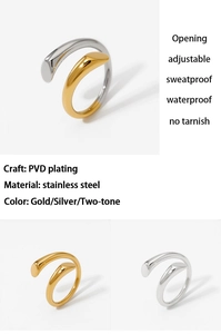 Detail view of adjustable two-tone stainless steel rings with PVD plated gold and silver finish
