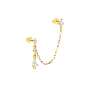 Detail of S925 silver gold earring featuring crystal chains and marquise zircon studs