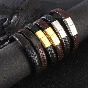 Braided leather bracelets for men with magnetic stainless steel clasps in multiple colors