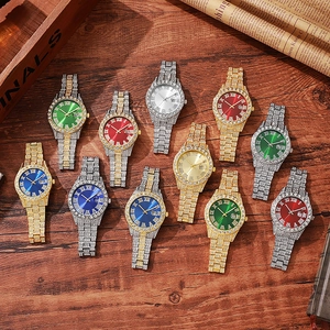 Luxury hip-hop men's quartz watches with Roman numerals and diamond-encrusted metal bands
